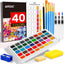 AROIC 40 Solid Watercolor Paint Set,Fixatives for watercolors， in Portable Box, Include 5 Painting Brushes, 3 Water Brush Pens, Sketch Pencil, Eraser, Sponge, Sharpener and everything else you need, Travel Kit